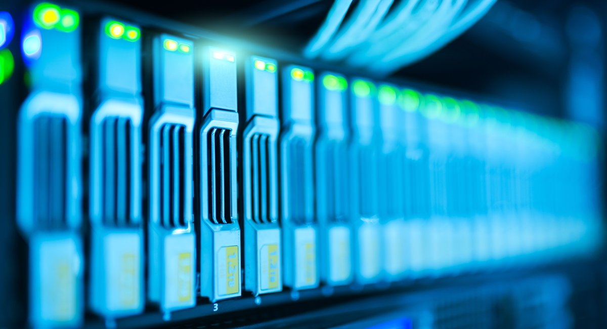 Data center rack, stock photo.
